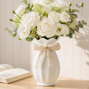 White Ceramic Vase with Ribbon Vases for Flowers, White Flower Vase for Home Decor, Modern Farmhouse Table Centerpiece, Housewarming, Pampas Grass, Living Room