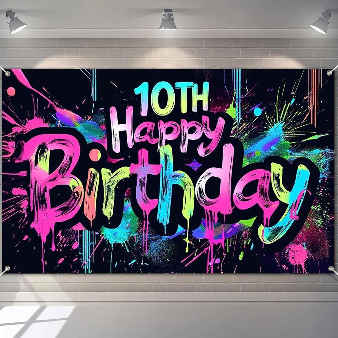 HOMETITUTE Neon 10th Happy Birthday Banner 71x43 Inch Paint Splatter Glow in The Dark Party Backdrop Colorful Wall Decor for Kids Boys Girls Tenth Birthday Celebrations Photo Booth Event Supplies