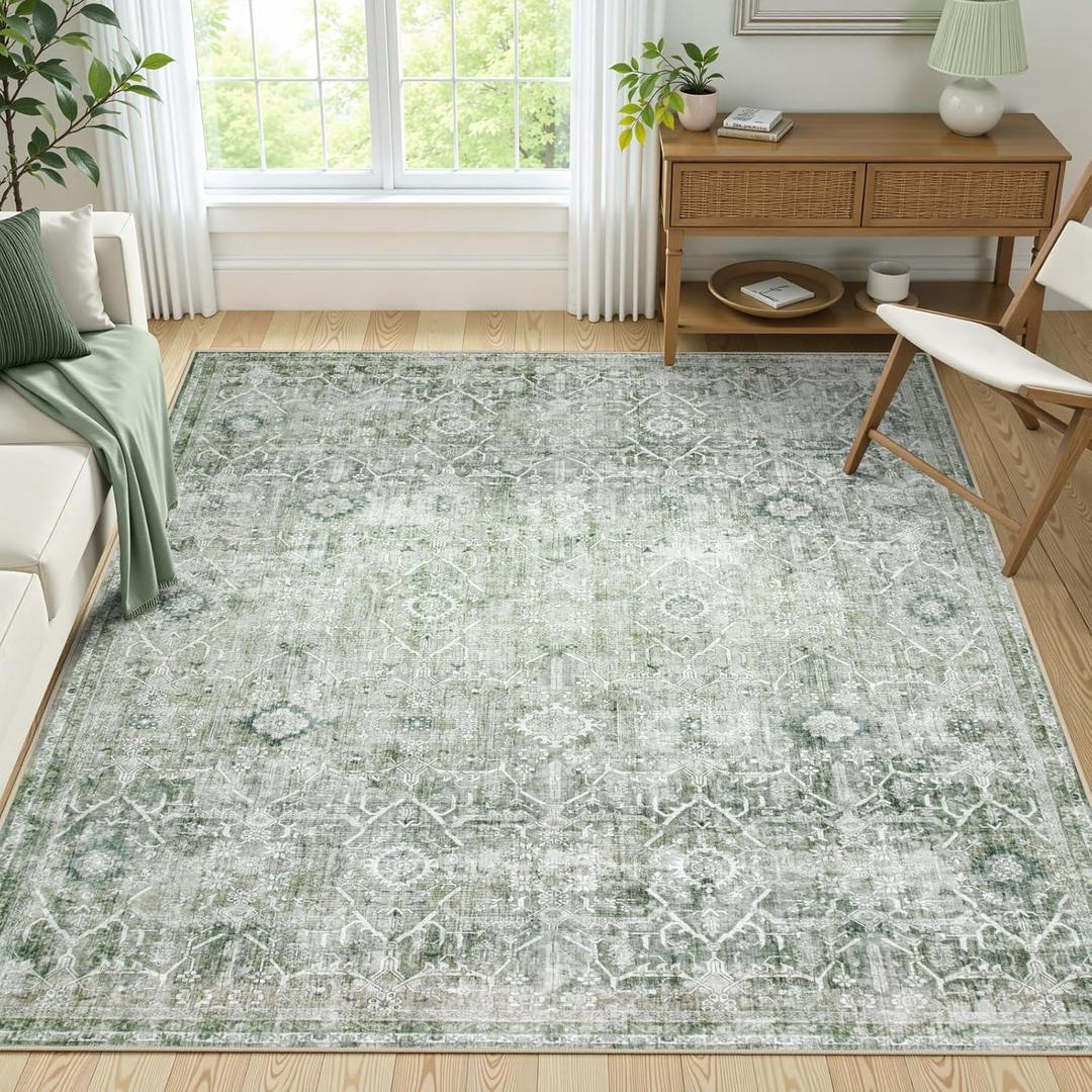 Collive Washable Area Rug 6x9, Large Green Rugs for Living Room Vintage Soft Rugs for Bedroom, Non Slip Ultra-Thin Stain Resistant Dining Room Floor Carpet for Entryway Kitchen Office