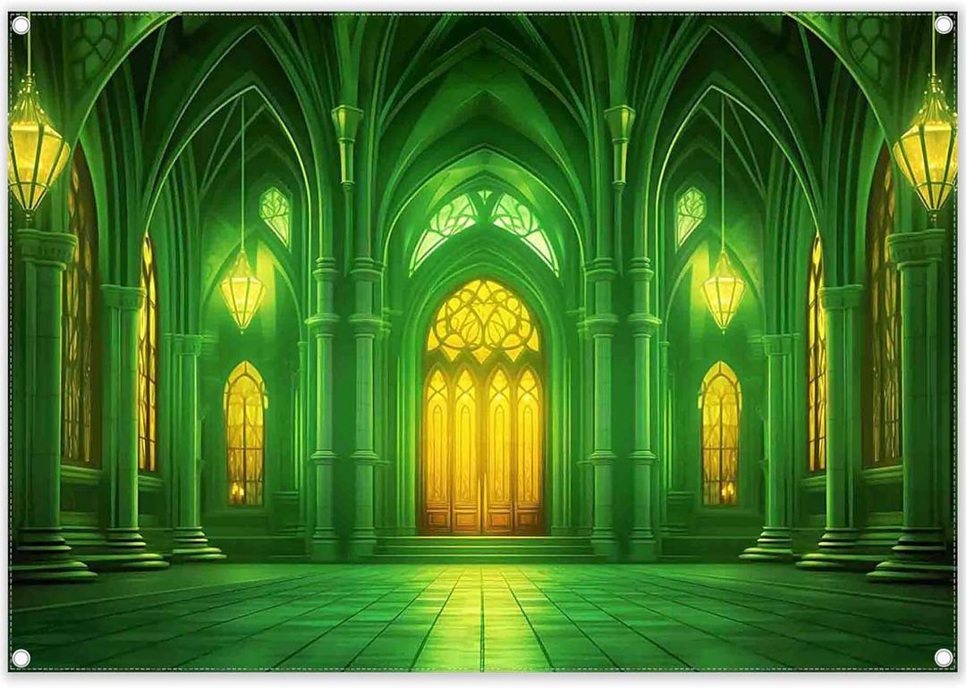 Yriujul Polyester 7x5ft Green Castle Backdrop Fairytale Movie Photography Background Wonderland Birthday Kids Party Decorations Photo Booth Props