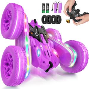 Remote Control Cars for Girls, 2.4GHz RC Stunt Car with 360 Flips & Double Sided Driving, LED Strip Lights and Headlights, Changeable Wheels, Birthday Gift for 5-12 Year Old Girls (Purple)