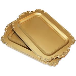 2Pcs Vintage Gold Decorative Tray, Plastic Serving Tray for Coffee Table, Living Room, Ottoman, Bathroom. (Rectangle, 2640dg)