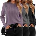 Huukeay 3 Pack Women's Long Sleeve Sweaters, Lightweight Crew Neck Shirts Regular Fit Tunic Tops Casual Solid Color Pullover(Small, Black, Dark Gray, Purple)