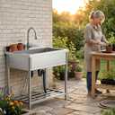 GGW Stainless Steel Large Utility Sink Single Bowl, Freestanding Laundry Sink with Pull-Out Faucet, Utility Sink for Laundry Room, Garage, Kitchen, Outdoor/Indoor Use, W35.4" x D22.4" x H37"