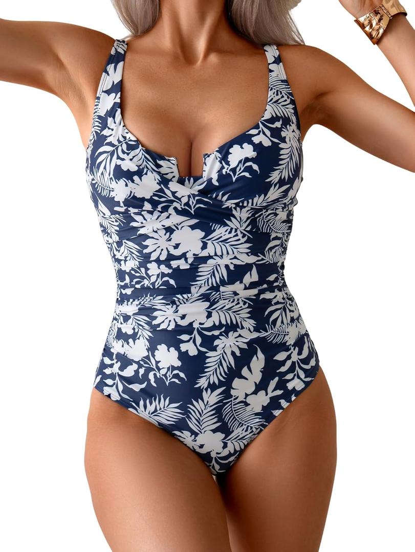 B2prity Women's Underwire One Piece Swimsuit Tummy Control Ruched Bathing Suit Criss Cross V Neck Swimwear (Large, Blue Print)