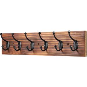 Wooden Coat Rack Wall Mounted, Vintage Coat Hooks Heavy Duty 6 Dual Coat Hangers for Wall,Brown