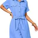 ZWRXW Summer Rompers for Women Linen Cargo Jumpsuit V Neck Short Sleeve Button Up Short Jumpsuit Overalls Vacation Outfits (Blue, L)