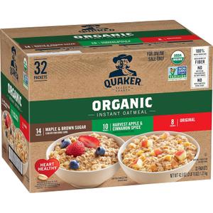 QUAKER Instant Oatmeal, USDA Organic, Non-GMO Project Verified, 3 Flavor Variety Pack, Individual Packets, 32 Count (Pack of 1) BBD: Nov 15 2026