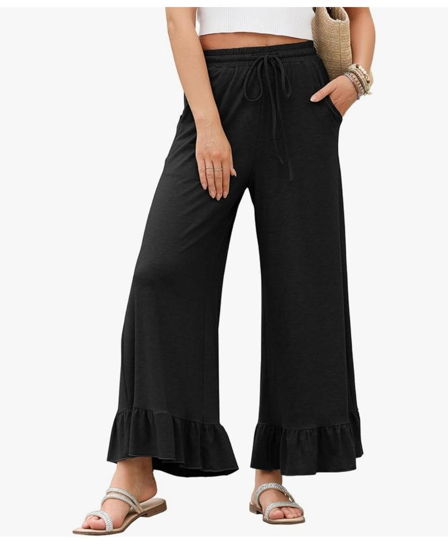 EVALESS Women's Wide Leg Pants Drawstring Elastic High Waisted Ruffle Hem Palazzo Pants with Pockets M EVALESS Women's Wide Leg Pants Drawstring Elastic High Waisted Ruffle Hem Palazzo Pants with Pockets M
