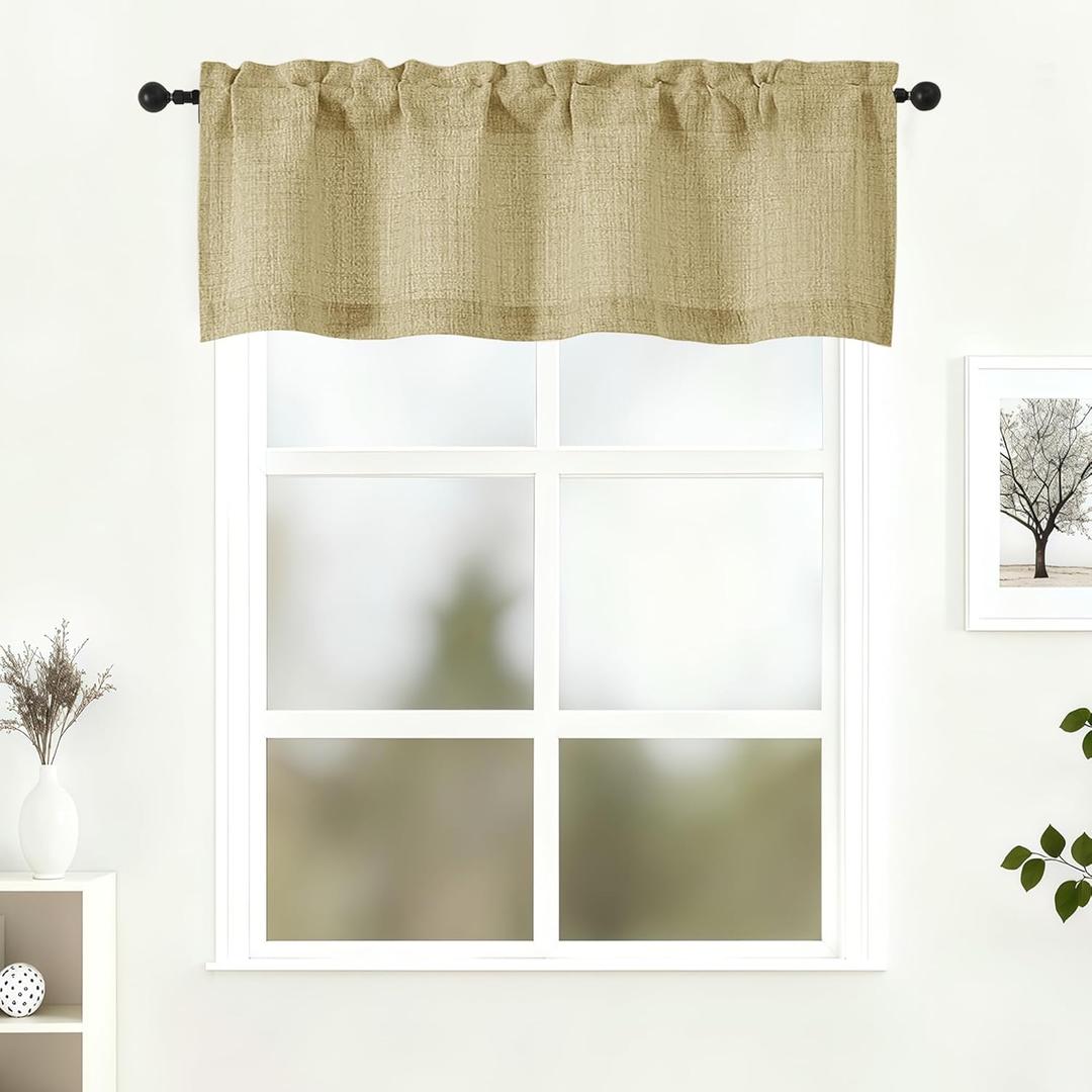 Lecloud Camel Valances for Windows 16 Inch Length, Soft Airy Light Filtering Faux Linen Rod Pocket Short Kitchen Curtains, Window Treatments Cafe Drapes for Bathroom Cabinet, 52" W x 16" L 1 Panel