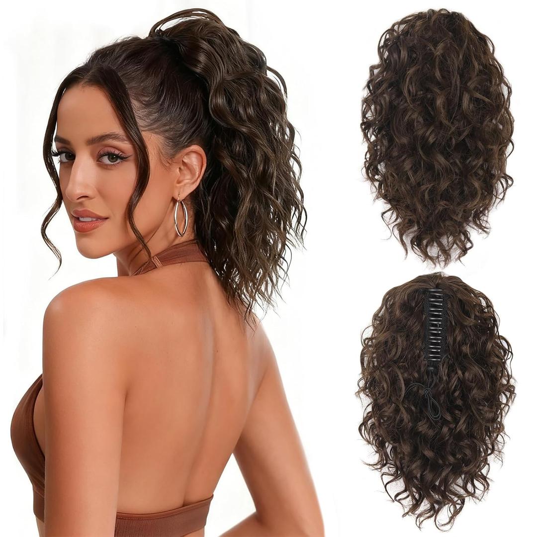 Claw Clip Ponytail Extension - 12 Inch Curly Pony Tails Hair Extensions, Synthetic Hair Extensions Ponytail, Clip on Ponytails for Women (Color: Chocolate Brown)
