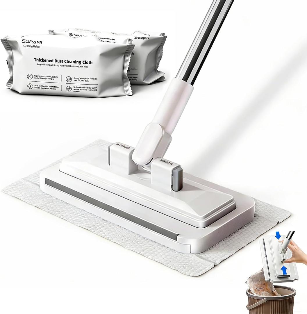 SOPAMI Disposable Snap Grip MiniMop Sweep for Wall Cleaner Pet Hair Removal | 55" Extendable Lazy Mop-2 Reusable Cleaning Pads&1pcs Disposable for Tight Corners,Wall, Hardwood, Marble Floors