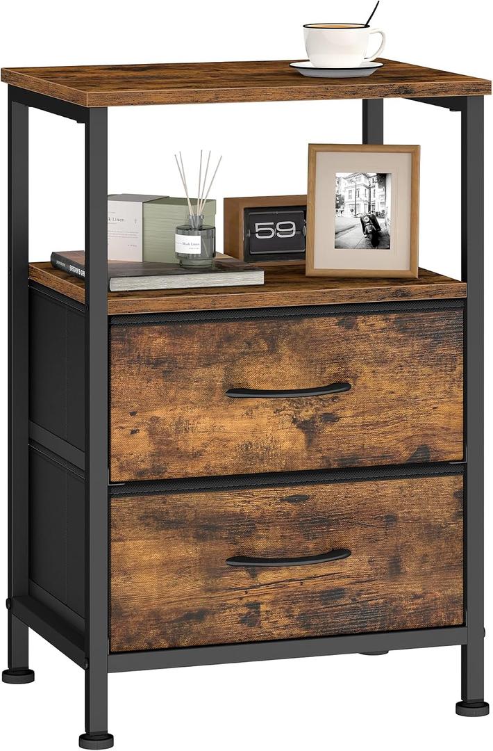 SONGMICS Nightstand, Bed Side Table, End Table with 2 Drawers | 1 Open Shelf, Industrial, Rustic Brown, BELLAH Collection ULGS052K101S