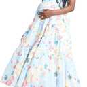 Motherhood Maternity Women's V-Neck Babydoll Ruffle Sleeve Tie-Back Maternity Maxi Pregnancy Dress (Blue, S)