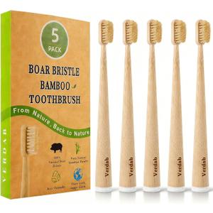 Boar Bristle Bamboo Toothbrush (5-Pack) - Natural Premium Wild Boar Bristles - 100% Biodegradable & Eco-Friendly - No Plastic, No Nylon - Self-Standing Design - Natural Toothbrushes