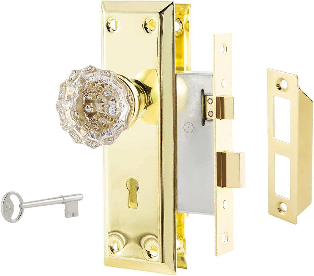 Mortise Lock Set for Interior Door, Antique Vintage Style Crystal Glass Door Knobs with Skeleton Key, Upgraded Reversible for Left & Right Handed Door, Polished Gold/Brass Finish