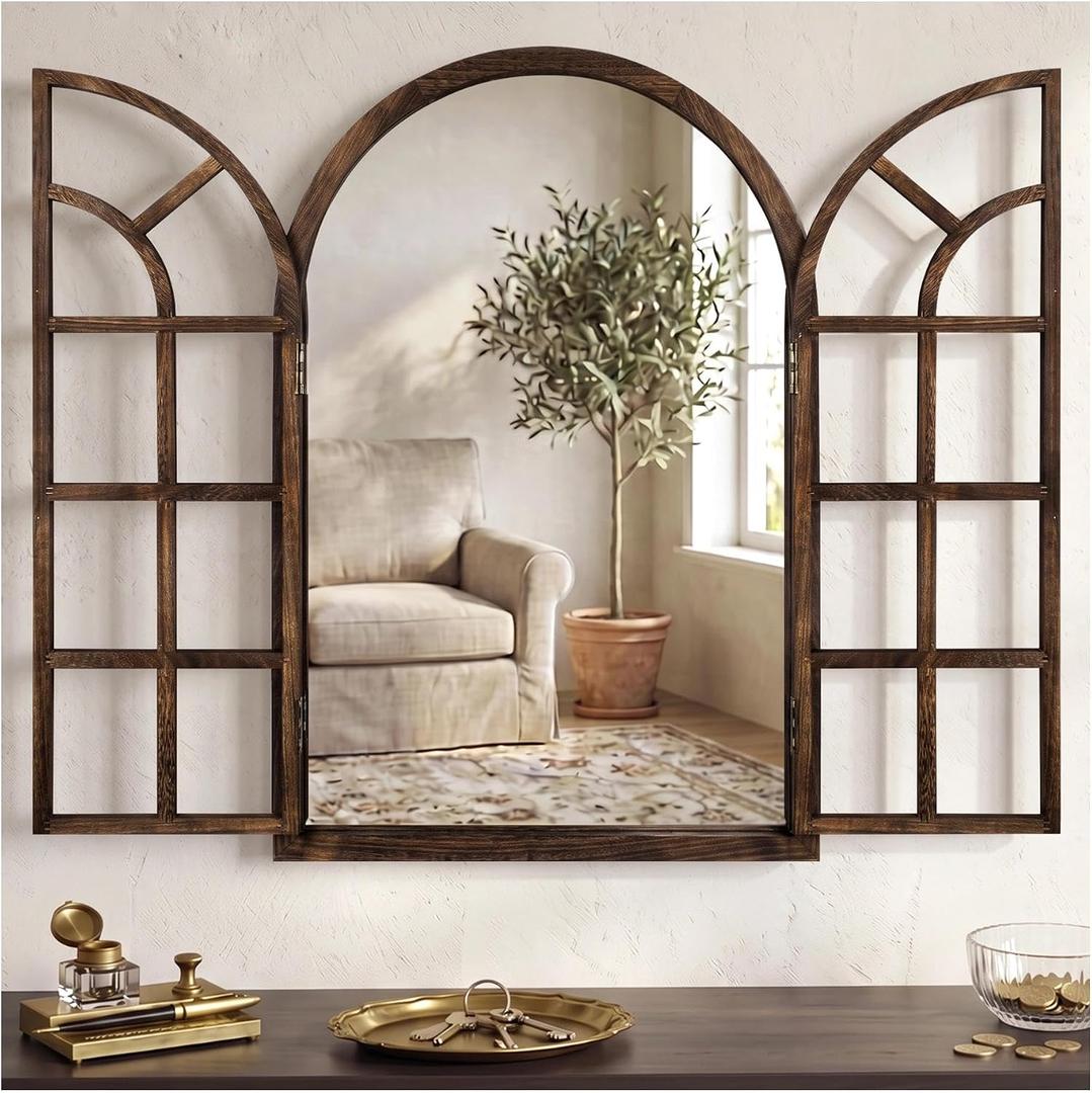 Farmhouse Window Mirror for Wall, 38 X 26 Inch Rustic Wood Frame
