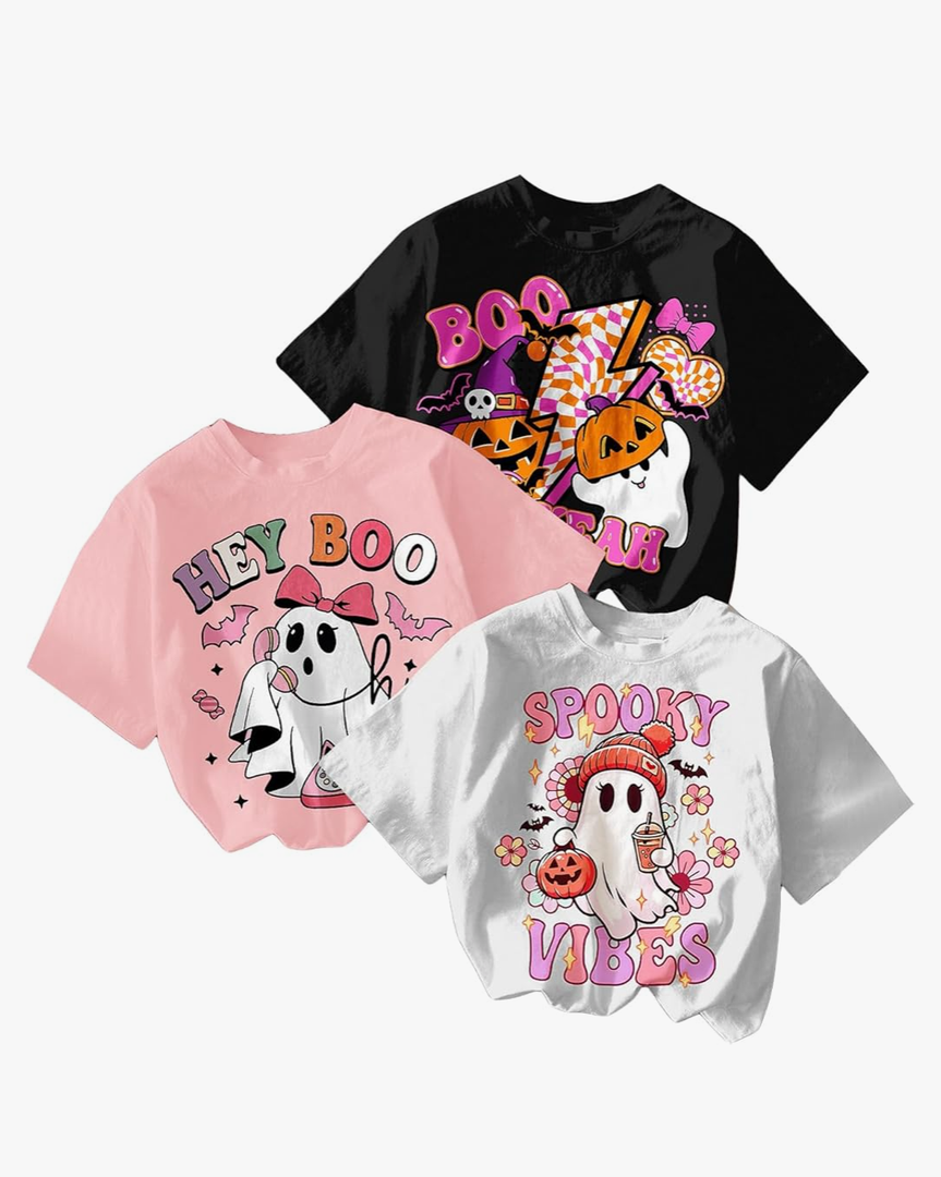 RoseSeek Girl's Bow Cherry Graphic Tees Short Sleeve Crewneck Cute T Shirts Tops for Teens Summer Tops 10Y (White, Pink, Black, Pack of 3)