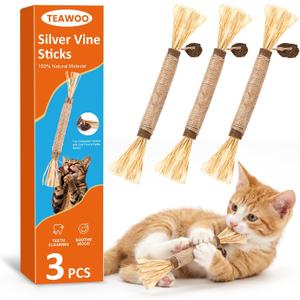 2 x TEAWOO 3 Pcs Natural Silvervine Sticks Cat Toys, Catnip & Matatabi Blend Dental Chew Toys, Teeth Cleaning Kitty Toys for Indoor Cats & Kittens, Edible Chew Sticks for Aggressive Chewers