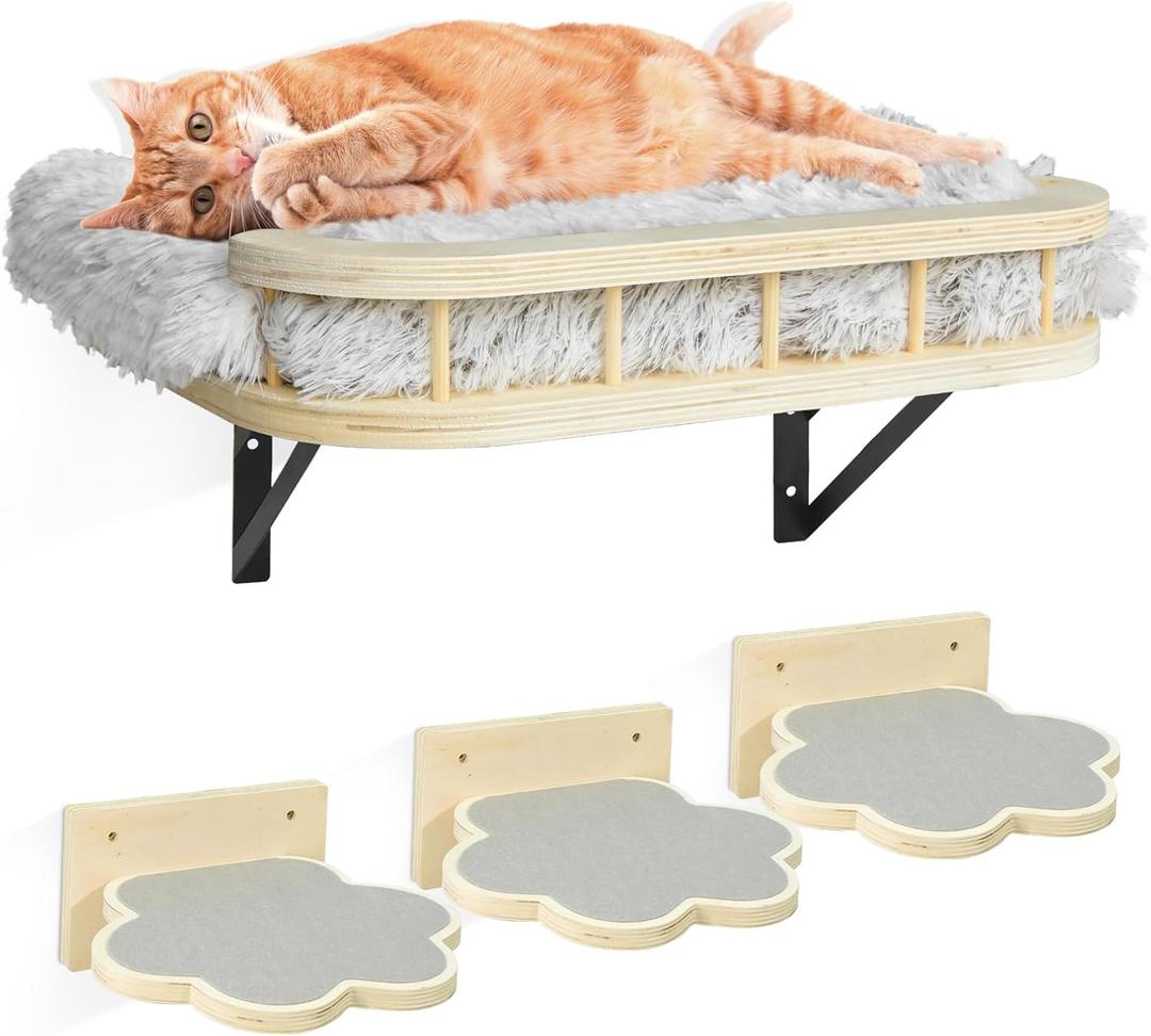 Cat Wall Shelves with Cooling Mat and Plush Cushion, Kittens Climbing Shelf and Perches with 3 Stair Steps, Cat Wall Furniture Scratching Post for Sleeping, Playing (Burlywood,1 Wool Mat Cat Shelf+3 Steps)