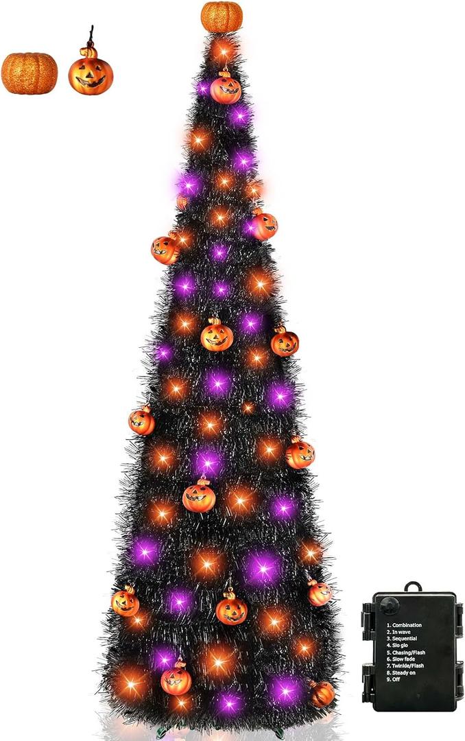 [Timer& Pumpkin] 6 Ft Black Tinsel Halloween Tree with 60 LED Orange Purple Lights, Pop Up Artificial Pencil Tree with Lantern Topper & 15 Jack-O Pumpkin Balls Ornaments for Halloween Decor Indoor