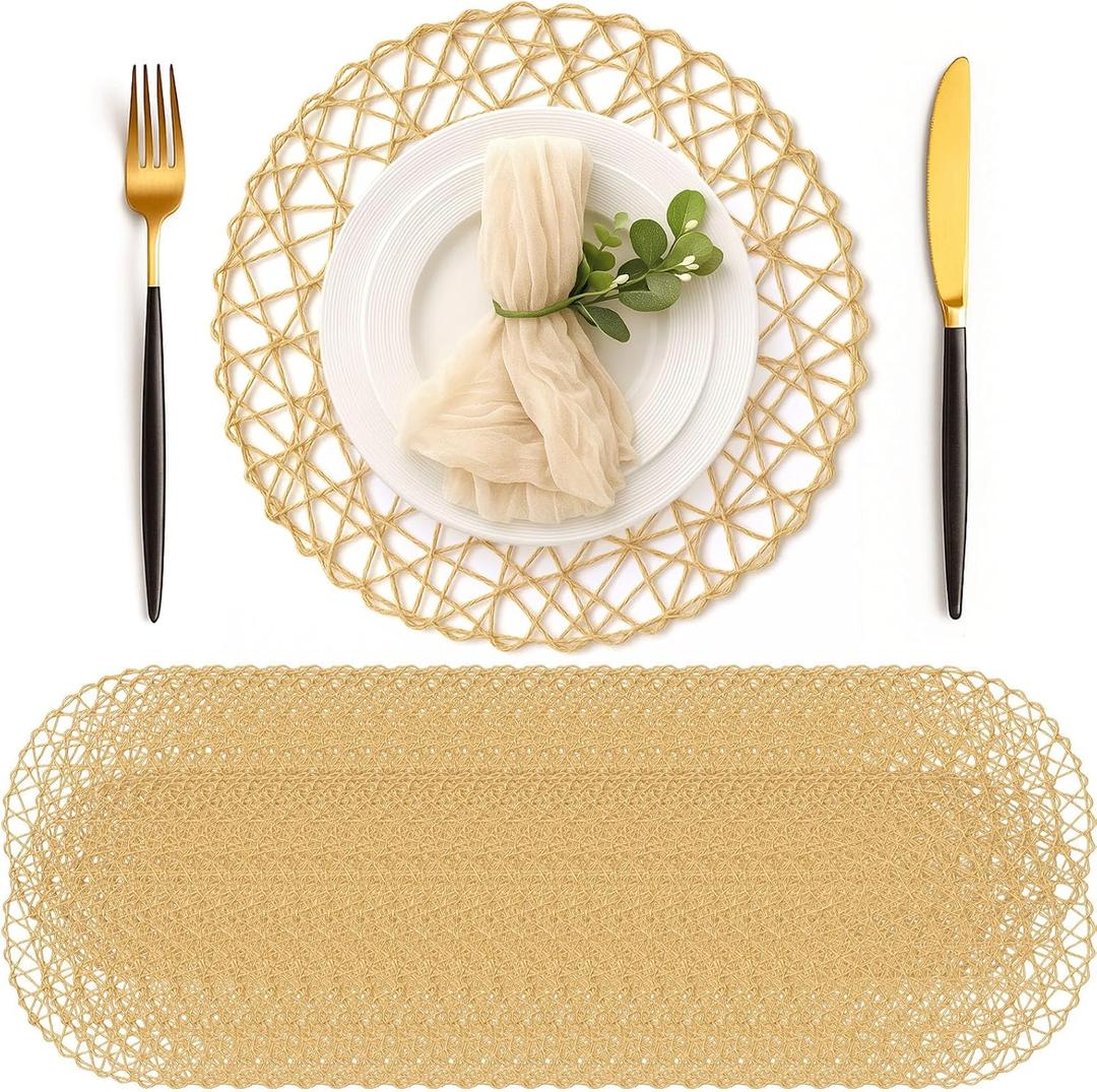 Geosar Round Woven Placemats Bulk Rustic Paper Braided Placemats Boho Natural Non Slip Heat Resistant Table Mats for Wedding Party, Dinner Table Centerpiece Decoration, 13 Inch(White Beige,48 Pcs)