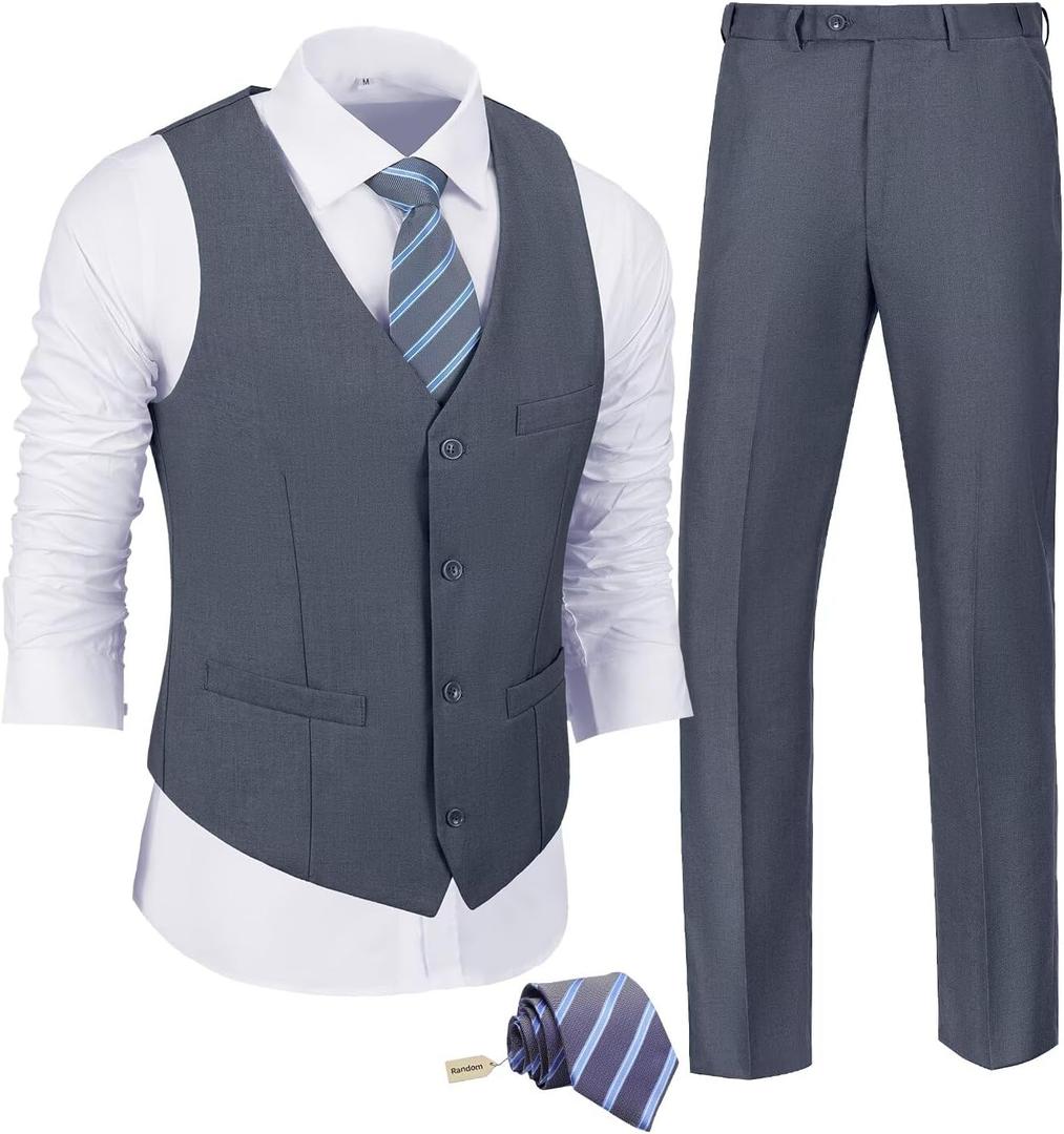 JPF Men's 2 Piece Slim Fit Suit Set, Solid Vest and Pants Suit for Men with Tie (3X-Large, Dark Grey) JPF Men's 2 Piece Slim Fit Suit Set, Solid Vest and Pants Suit for Men with Tie (3X-Large, Dark Grey)
