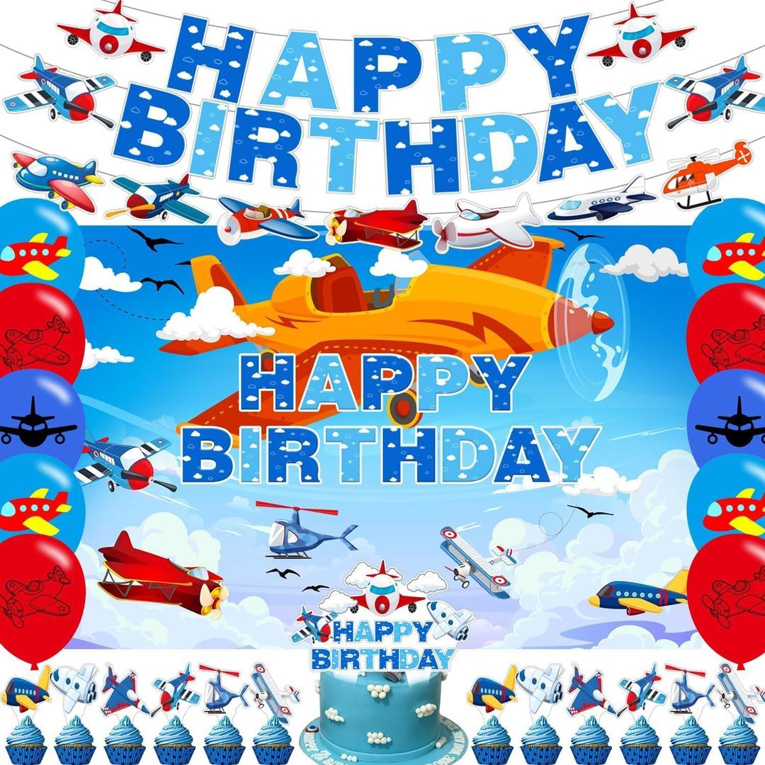 Airplane Birthday Party Decorations, Airplane Theme Party Supplies including HAPPY BIRTHDAY Banner Airplane Party Backdrop, Cake toppers Balloons for Airplane Birthday Party
