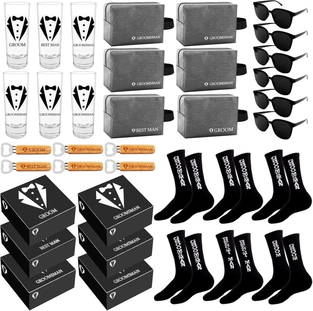 36Pcs Groomsmens Gifts Set of 6,Groom Best Man Groomsmen Proposal Box Gifts,2oz Shot Glasses,Oxford Bags,Black Sunglasses,Bottle Openers,Socks,Wedding Bachelor Party for Groomsmen