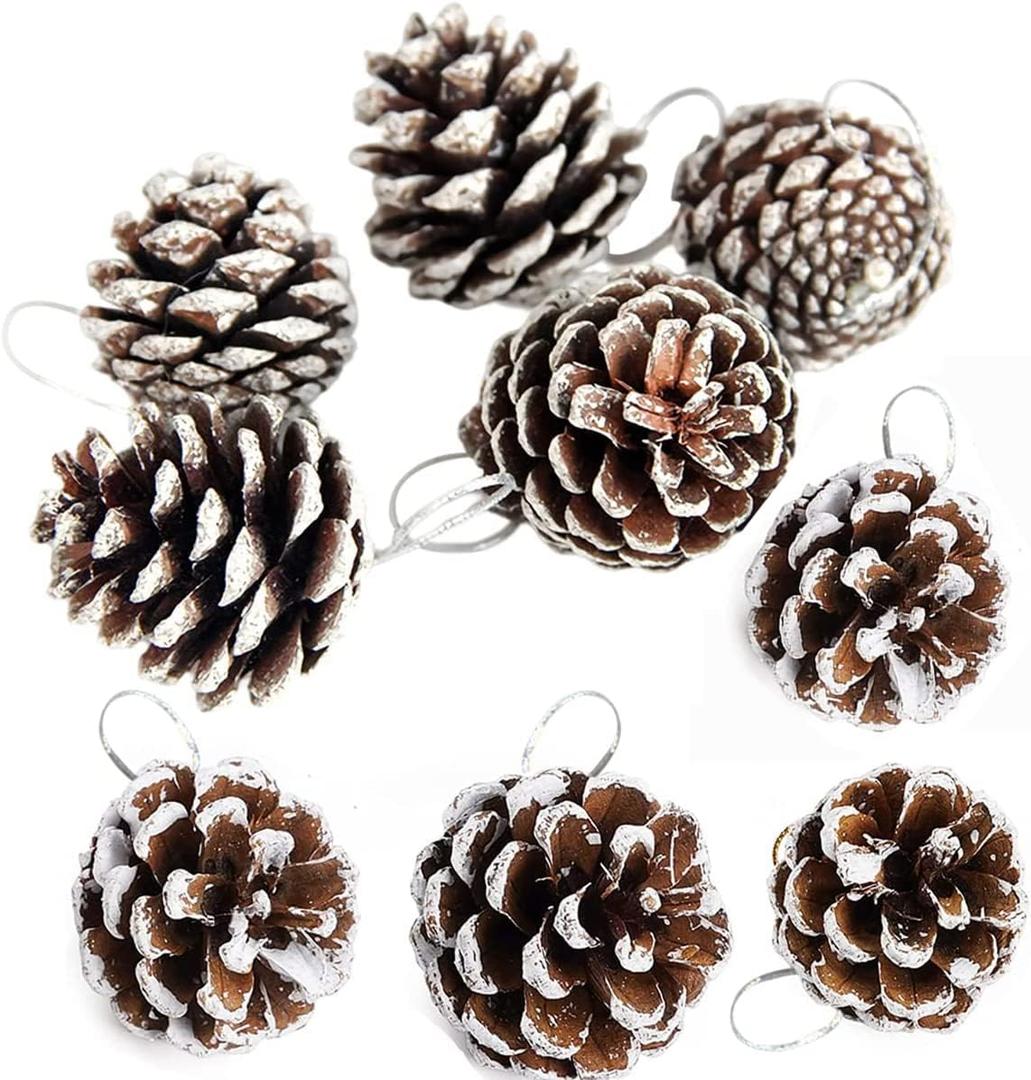 Pine Cones 24 Pieces Christmas PineCones Hanging Ornament for Christmas Tree Party Decoration (Snow)