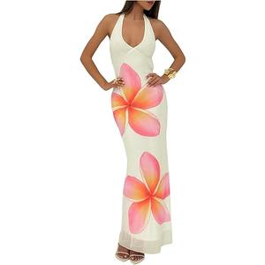 Milumia Women's Floral Print Deep V Neck Halter Dress Tie Backless Mesh Bodycon Maxi Skirts, Large