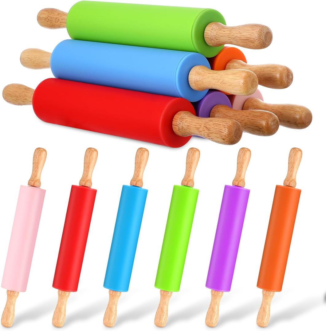 Dandat 6 Pcs Small Rolling Pin Kids 12 Inch Mini Silicone Rolling Pin for Baking Non Stick Kids Dough Roller with Wooden Handle for Kitchen Cookie Pastry Fondant Cake 6 Colors