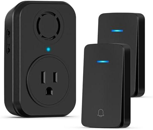 AIDA Wireless Doorbell, Self-powered Doorbell with Extra Socket, No Battery Required Push Button, Cordless Door Bell Ringer, 5 Volume Levels with 32 Doorbell Chimes (Black, 2 Button & 1 Receiver)