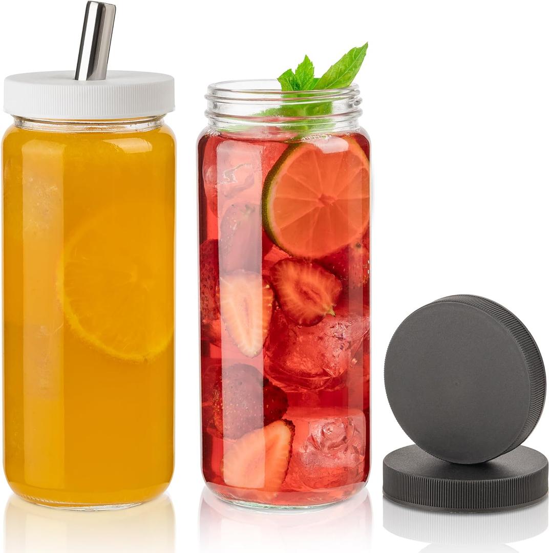 Glass Juice Bottles with Lids and Straws, 16 Oz - Set of 2 Reusable Clear Cups - For Drinking Smoothie, Iced Coffee, Juicing, Matcha, Water, Kombucha and More