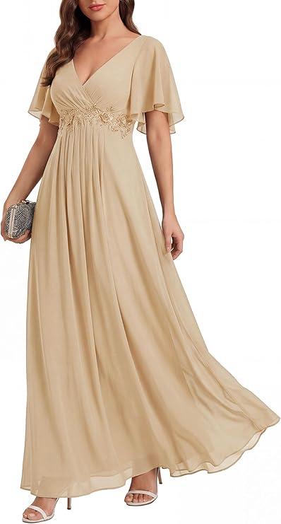 Ever-Pretty Women's Chiffon V-Neck Mother of Bride Dresses A-Line Ruched Short Sleeves Appliques Bridesmaid Dress Formal Gown Yellow US26 5XL