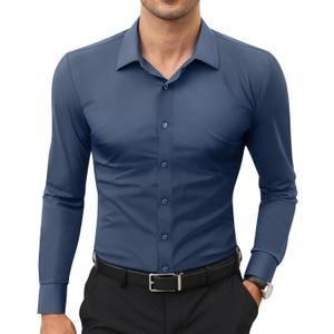 Stretch Mens Dress Shirts Long Sleeve Slim Fit Dress Shirts for Men Muscle Fit Wrinkle Free Button Down Shirt (Large, Dark Grey)