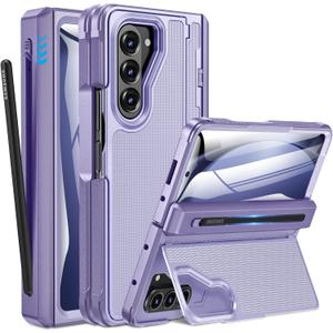 Caka for Samsung Galaxy Z Fold 5 Case [Thinner S Pen Holder] [Hidden Kickstand] [Hinge Protection] [Screen Protector] Full Body Hard Shockproof Phone Cover with Anti-Slip Textured for Fold5 - Purple