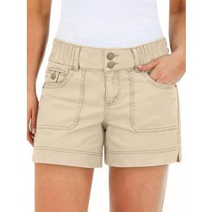 Flamingals Women's Mid Waist Solid Split Side Flap Pocket Casual Shorts (Beige, M)
