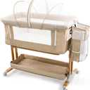 Bassinet Bedside Sleeper for Baby 6 Months, Convertible Cosleeping Baby Bed Attach to Bed with Wheels, Mattress, Storage Diaper Caddy, 6 Adjustable Height, Breathable Mesh Drop Down Side, Gold