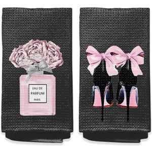 Pink Bathroom Towels Accessories Set of 2 Black and Light Pink High Heel Hand Towels Decor for Bathroom Kitchen Towel