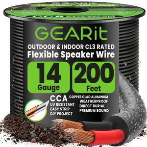 GEARit 14 Gauge Speaker Wire Cable,14 Gauge Wire CL3 Rated 200ft,Audio Cable with Red/Black Color Coded,Outdoor Speaker Wires for Home,Car,Outdoor,Patio,Garden,In-Wall,Backyard,CCA(Black,2-Conductors)