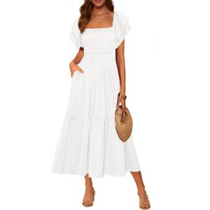 MASCOMODA Womens Summer Casual Midi Dress Square Neck Ruffle Short Sleeve Smocked High Waist A Line Wedding Guest Dresses (White) Large