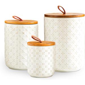 JOJUNO White Ceramic Canister Set with Wooden Lids  3-Piece Airtight Food Storage Jars for Kitchen, Embossed Design, Small/Medium/Large Sizes (12/30/48 oz)  Flour, Sugar, Coffee, Tea Containers