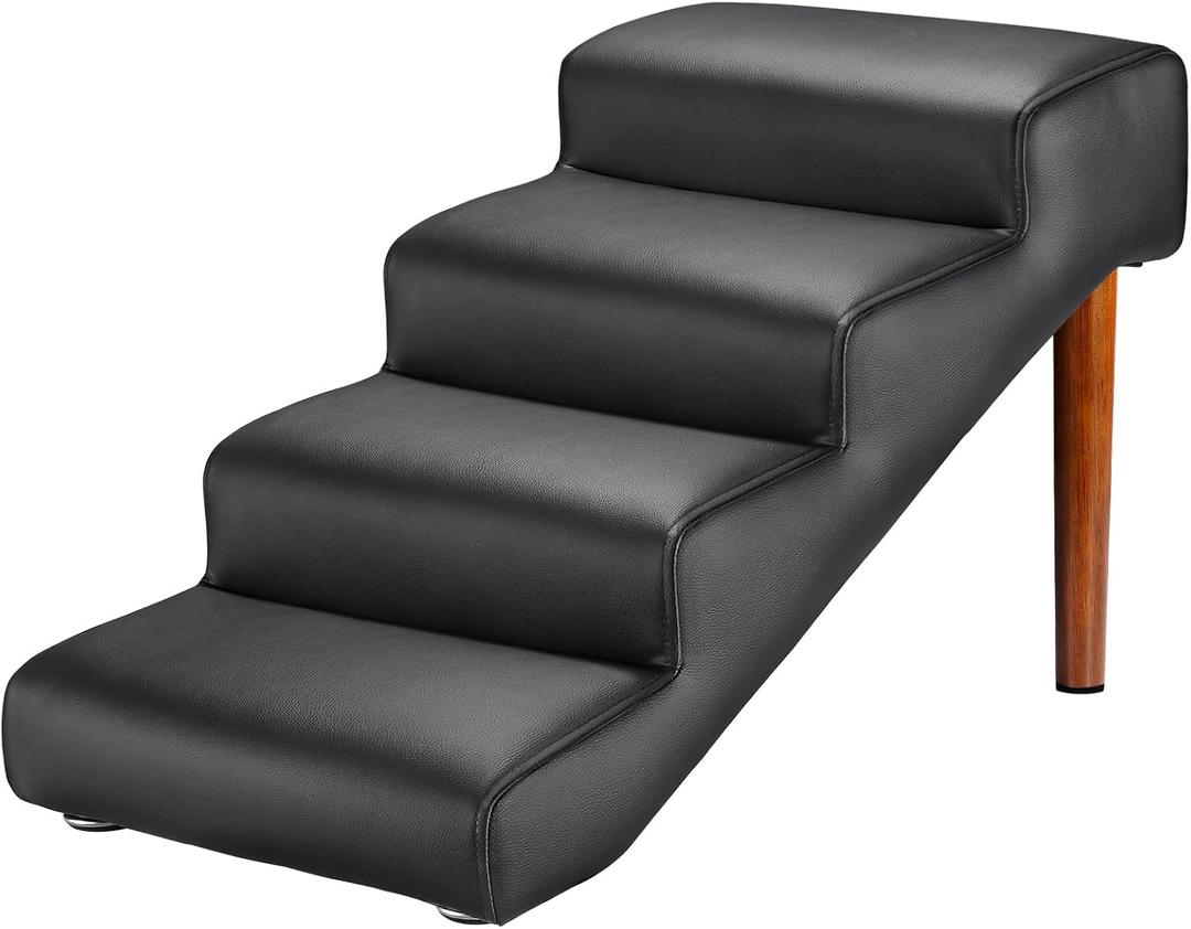 Senneny Black Faux Leather Dog Stairs, for Pets up to 150 lbs, Waterproof, Scratch Resistant Pet Steps/Stairs with High Density Foam and Detachable Wooden Legs, Black, 4 Step