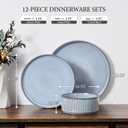 E-far 12-Piece Plates and Bowls Sets, Stoneware Dinnerware Dishes Sets for 4, Kitchen Modern Dining Dishware, Chip & Scratch Resistant, Microwave & Dishwasher Safe, Dusty Blue