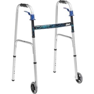 Drive Medical Trigger Release Folding Walker - Lightweight Brushed Steel Design - Easy Trigger Folding Mechanism - 5 Inch Wheels - Contoured Hand Grips - Senior Mobility Aid (1 Count (Pack of 1))