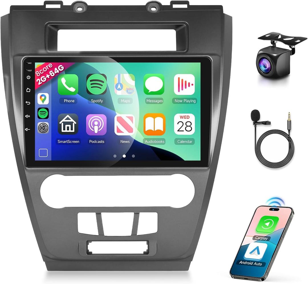 8 CORE 2G+64G Car Radio for Ford Fusion Mondeo Mustang 2009-2012 with Wireless CarPlay Android Auto, 10.1" 1280 * 720P IPS Touch Screen Stereo Android 13 GPS WiFi Bluetooth DSP SWC Backup Camera