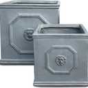 Kante Square Lion Head Concrete Planter Set of 2, Classic English Style Plant Pot with Drainage Hole and Rubber Plug for Indoor Outdoor, 10.2"x10.2"x10.2" and 12.6"x12.6"x12.6" Antique Gray