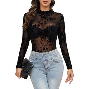 Mesh Top for Women Long Sleeve Mock Neck Mesh Shirt Sheer Top Solid Floral Tee Shirts S-XXL (Medium, Black Floral Pattern 2)