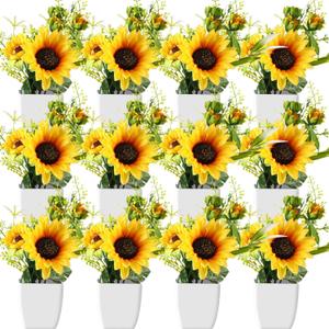 12 Pcs Small Fake Plants Artificial Potted Plants Aesthetic Eucalyptus Greenery Decor Kitchen Table Centerpieces for Summer Fall Home Bathroom Rustic Wedding Party (Sunflower Style)